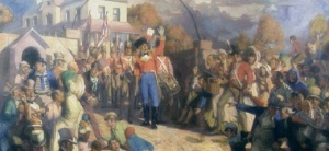 The orthodox view of the rebellion: Raymond LIndsay's 1928 painting of Major Johnson announcing the arrest of Bligh, depicted in the heroic style of liberators justly overthrowing a tyrant.  Image HHT
